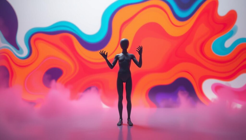 A dynamic and visually captivating TikTok-style scene with a faceless, gestural figure at the center. The foreground depicts a minimalist human form, void of facial features but conveying a sense of movement and expression through expressive body language. The middle ground features a vibrant, abstract background with fluid, undulating shapes and patterns in bold, contrasting colors that evoke the energetic aesthetic of TikTok content. Soft, diffused lighting bathes the scene, creating a dreamlike, atmospheric quality. The overall composition is designed to draw the viewer's attention to the captivating, faceless central figure, embodying the essence of engaging, AI-generated TikTok content.