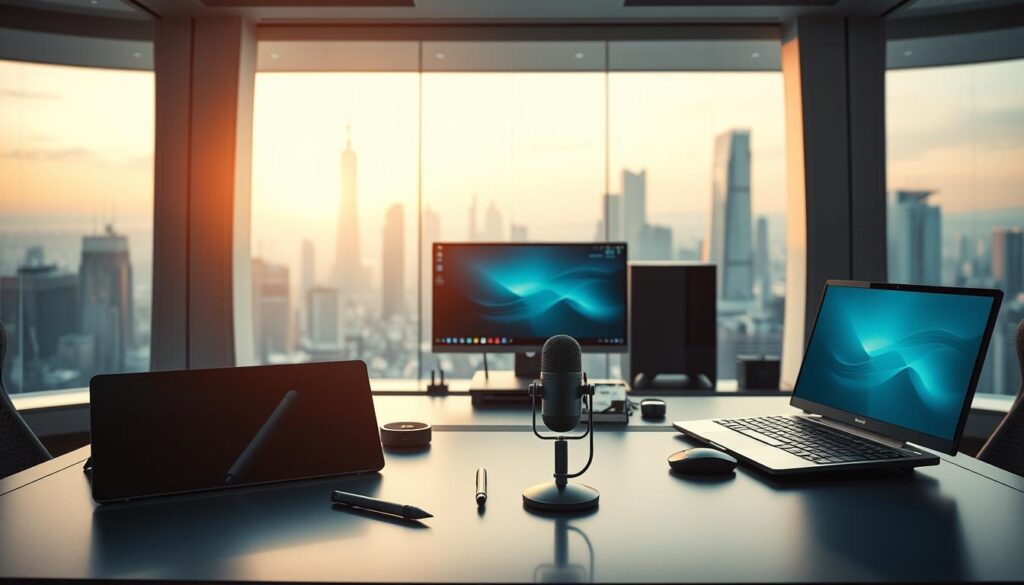 A sleek, futuristic workspace with a central desk featuring an array of cutting-edge AI-powered content creation tools. The foreground shows a touchscreen tablet, stylus, and voice-activated microphone on the desk, while a powerful desktop computer and high-resolution display occupy the middle ground. The background features a large window overlooking a bustling cityscape, with a soft, warm lighting that creates a productive and inspiring atmosphere. The overall scene conveys the seamless integration of advanced technology and human creativity, enabling the effortless generation of engaging, AI-enhanced video content.